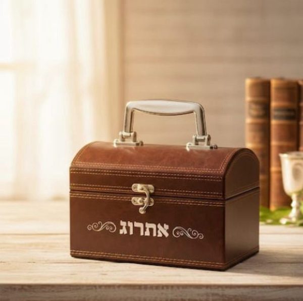 ⁦קופסא מהודרת לאתרוג דמוי עור עם ידית ומנעול - כסף⁩ – תמונה ⁦2⁩