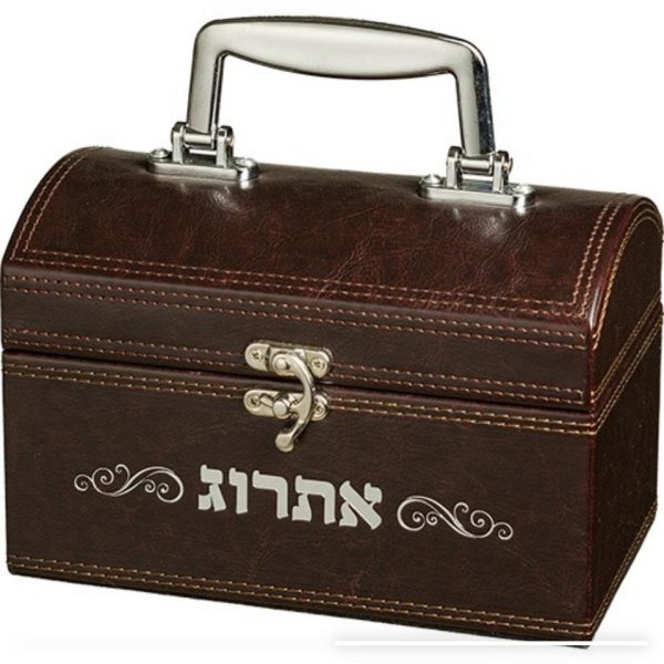 קופסא מהודרת לאתרוג דמוי עור עם ידית ומנעול - כסף